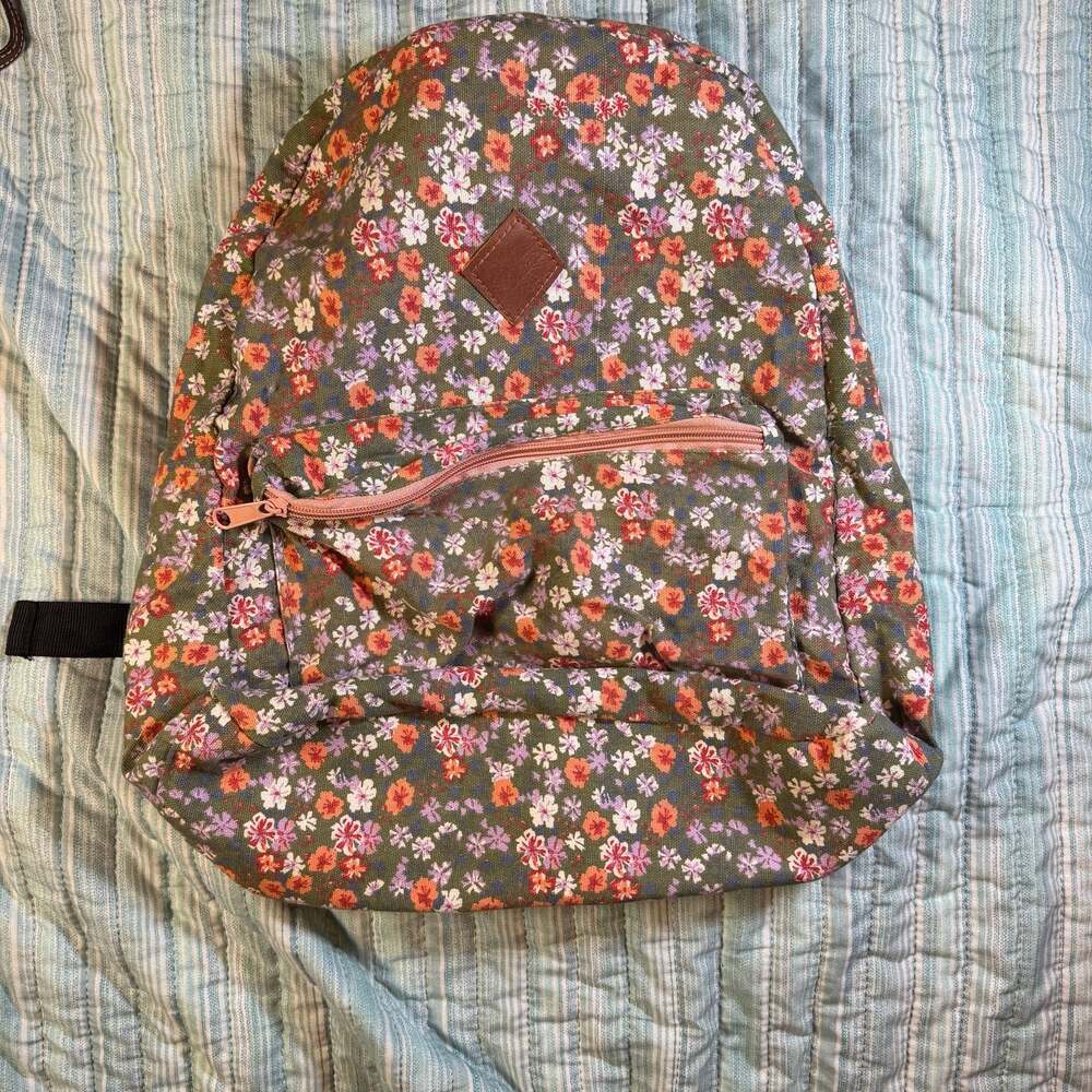Floral Print Canvas Backpack with Faux Leather Patch